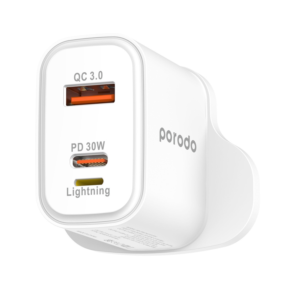 Porodo Triple Port PD QC Lightning 30W Wall Charger with Braided USB-C to Lightning Cable 1.2M - White
