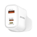 Porodo Triple Port PD QC Lightning 30W Wall Charger with Braided USB-C to Lightning Cable 1.2M - White