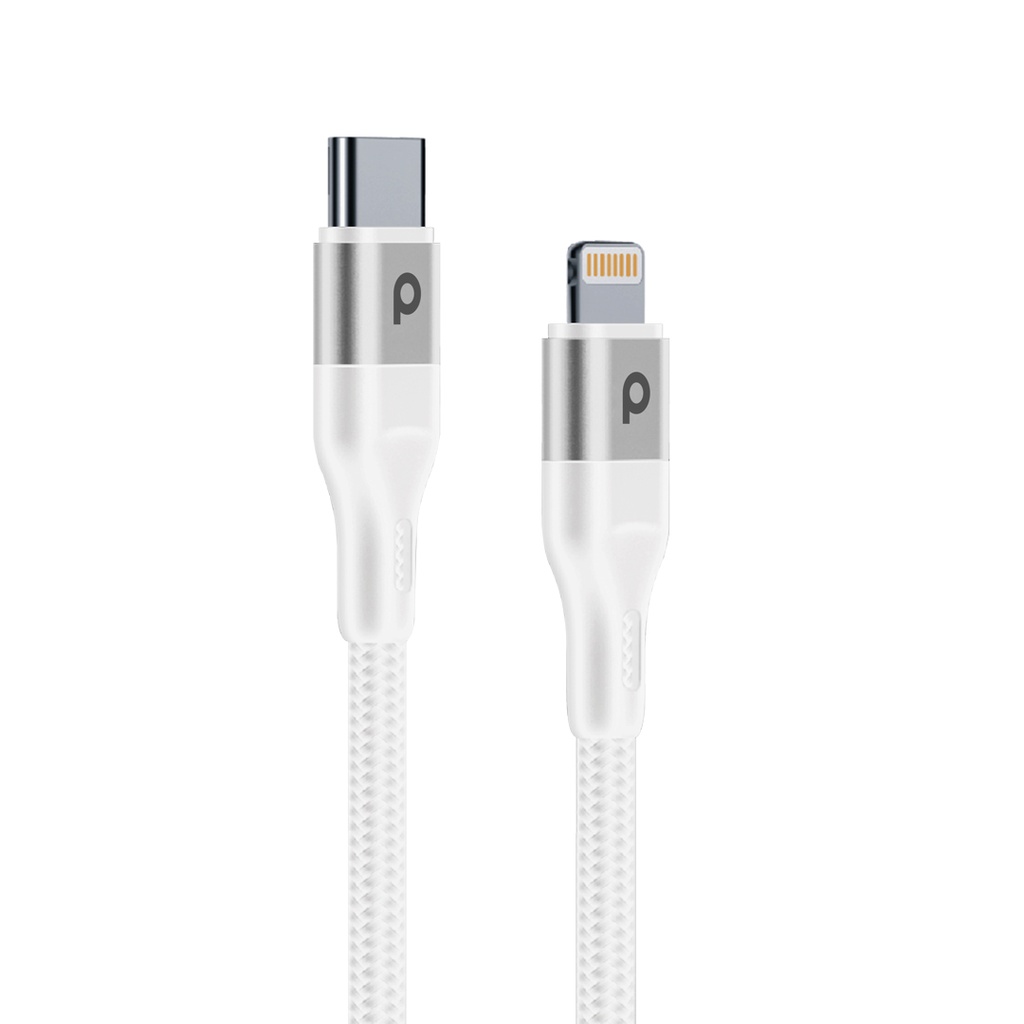 Porodo Triple Port PD QC Lightning 30W Wall Charger with Braided USB-C to Lightning Cable 1.2M - White