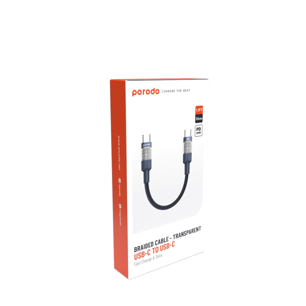 Porodo Braided 60W PD C to C Fast Charging Cable with Transparent Head 35cm