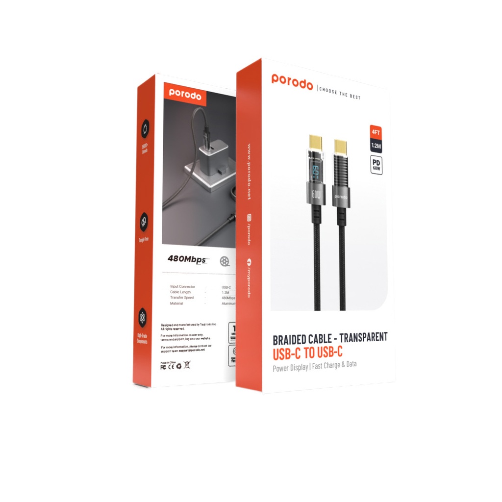 Porodo 60W Type-C to Type-C Braided Cable with PD Display 1.2M - Black