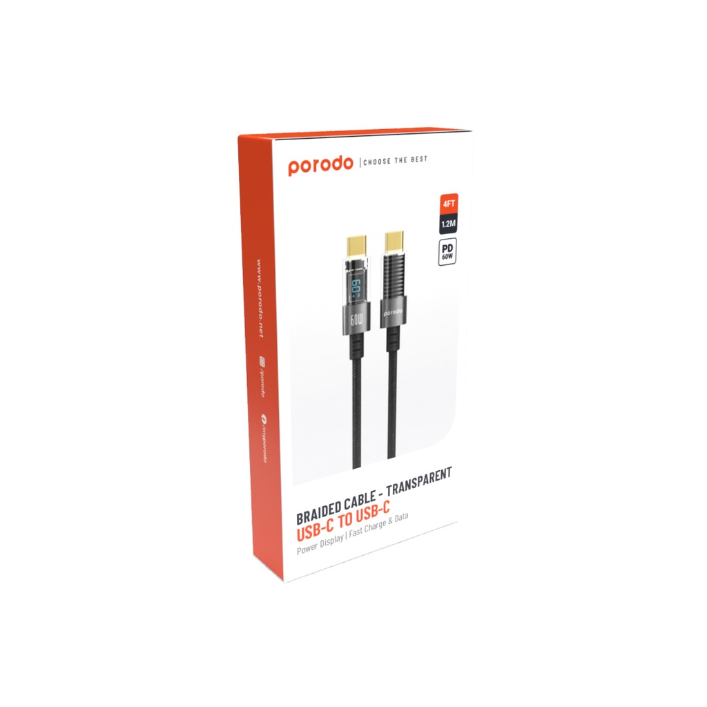 Porodo 60W Type-C to Type-C Braided Cable with PD Display 1.2M - Black
