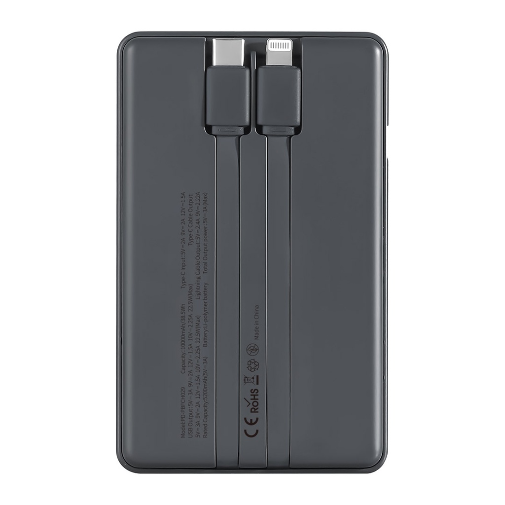 Porodo 10000mAh Slim Powerbank PD 22.5W with Built-in Type-C&Lightning Cables-Black