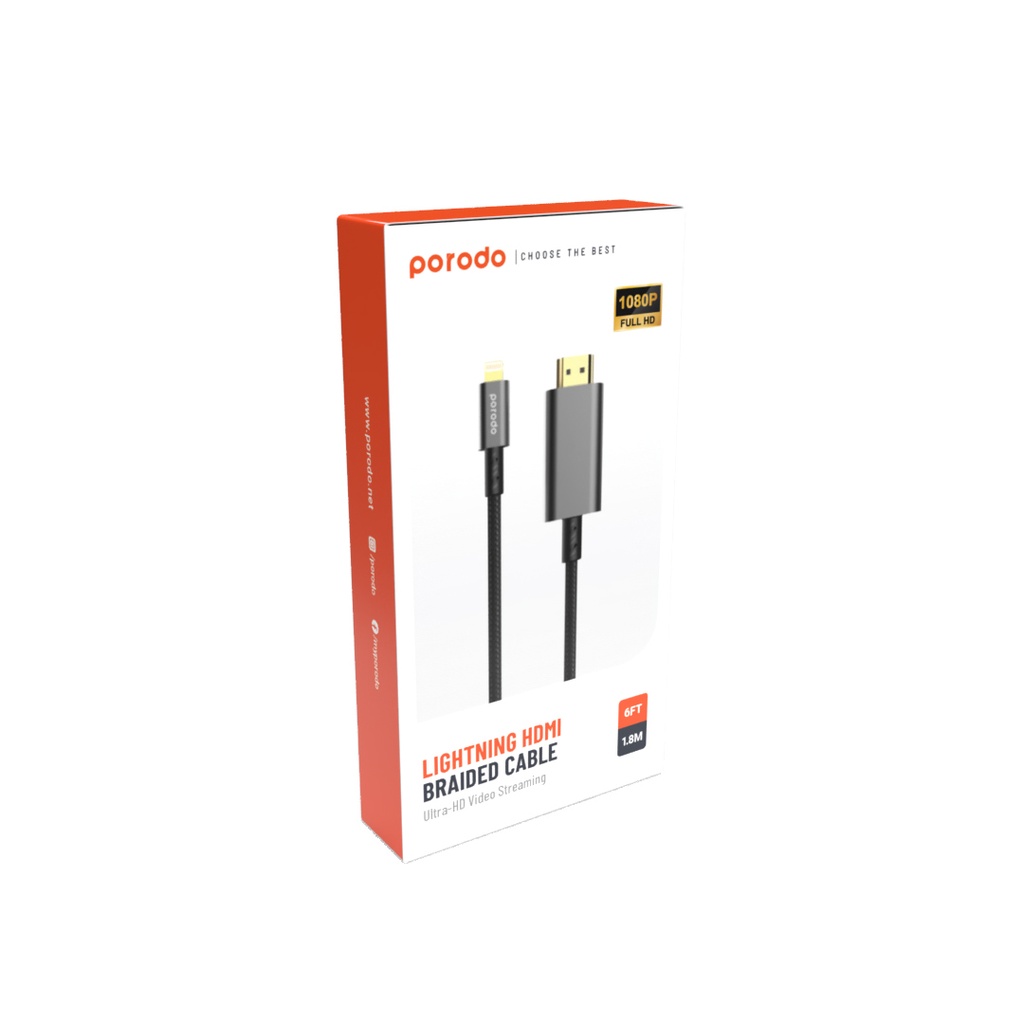 Porodo Cable, Charger, Adapter 4K HDMI To Type Lighting Cable 60 Hz Black [PD-4KHDML-BK]