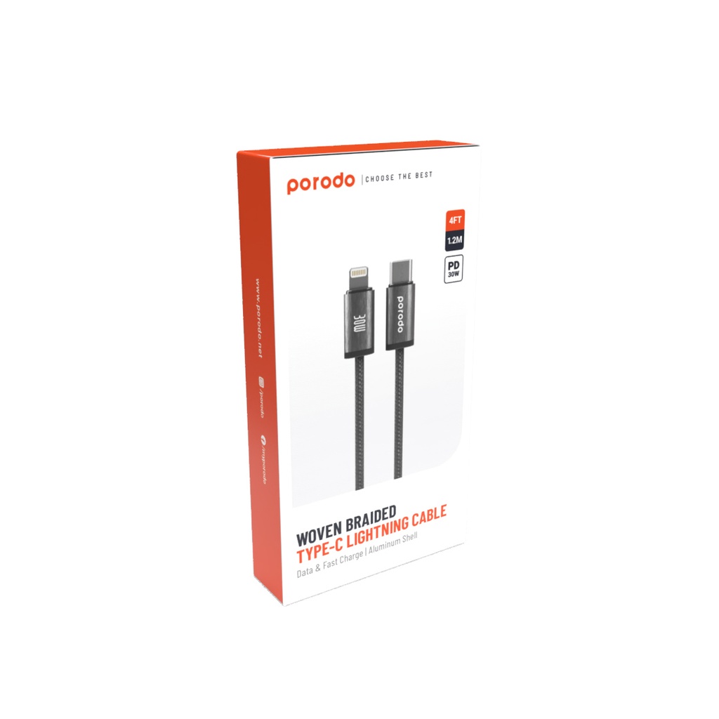 Porodo Cable Charger Adapter Lightning to TypeC Cable Woven Black [PD-W30LC1-BK]