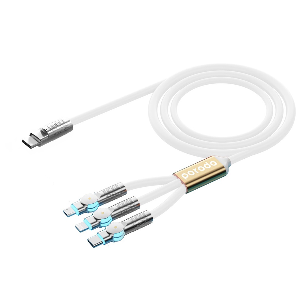 Porodo Cable, Charger, Adapter Three In One Cable Fast Charge White[PD-3N1C100W-WH]