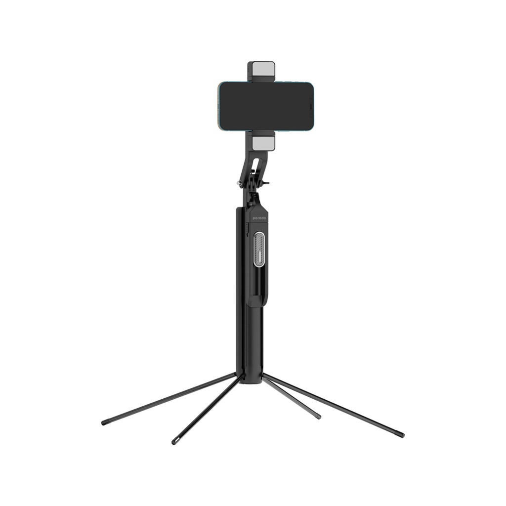 Porodo Selfie Stick 185cm Extendable with Dual Detachable Lights, 4 Leg Tripod and Porodo Selfie Stick 185cm Extendable with Dual Detachable Lights, 4 Leg Tripod and Remote control - Black