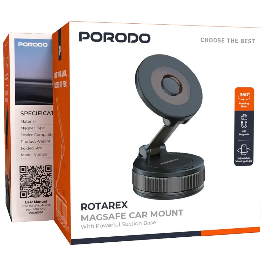 Porodo Rotarex MagSafe Car Mount with Powerful Suction Base - Black.webp