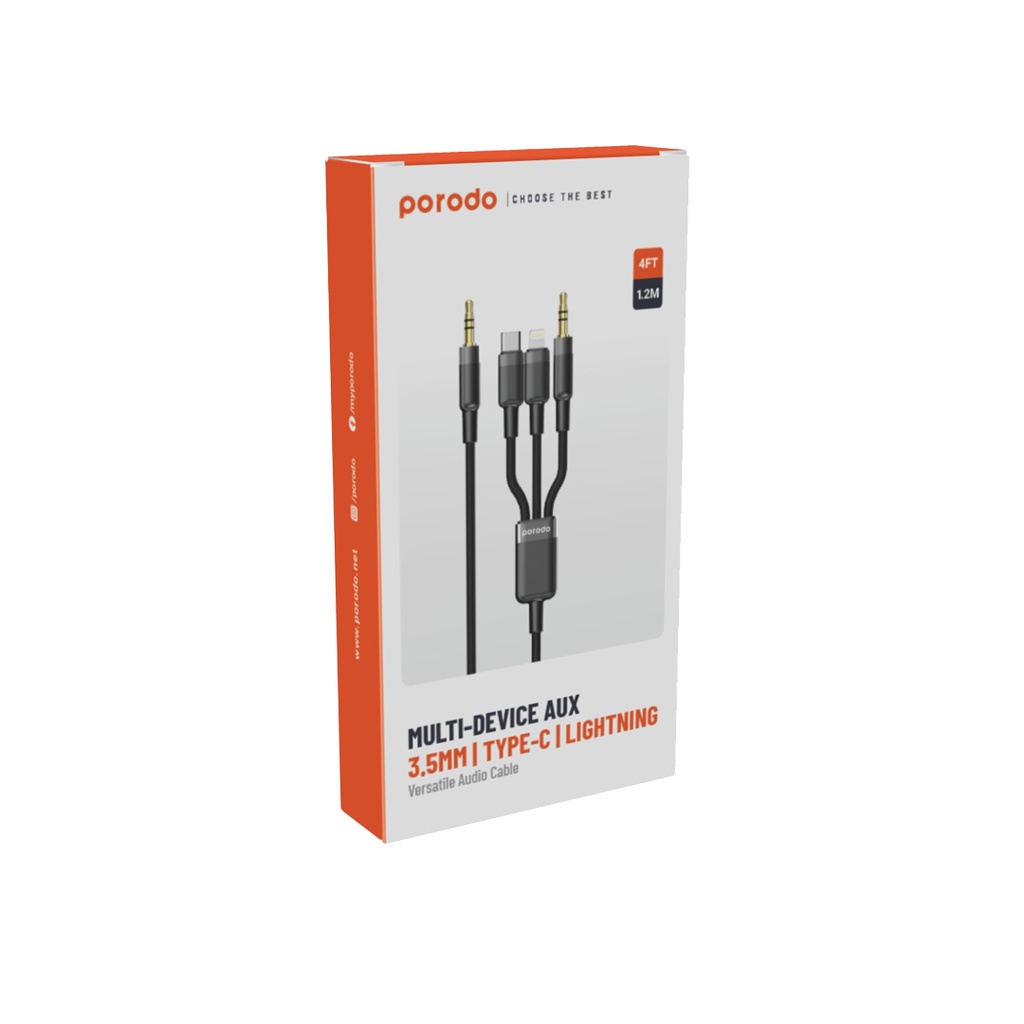 Porodo 3in1 Aux 3.5 to 3.5+C+Lightning Cable 1.2M - Black