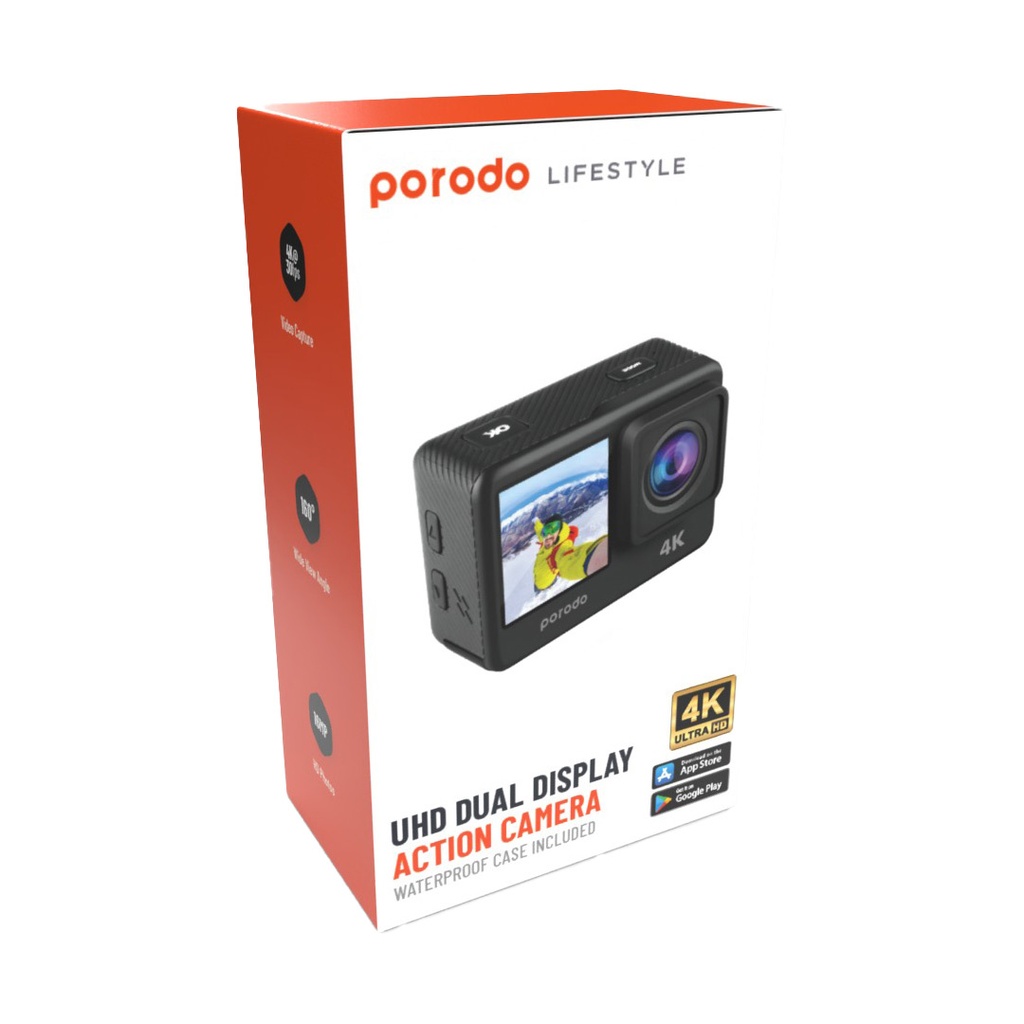 Porodo Lifestyle Camera & Webcam Action Camera  Dual Screen Display Black [PD-4KACAM-BK]