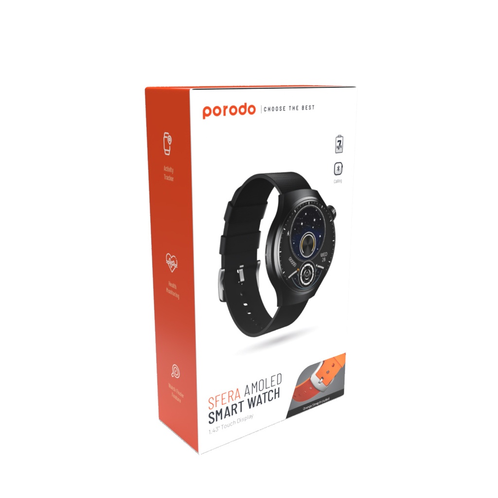 Porodo Smart Watch Sfera Round Titanium with Extra Orange Band