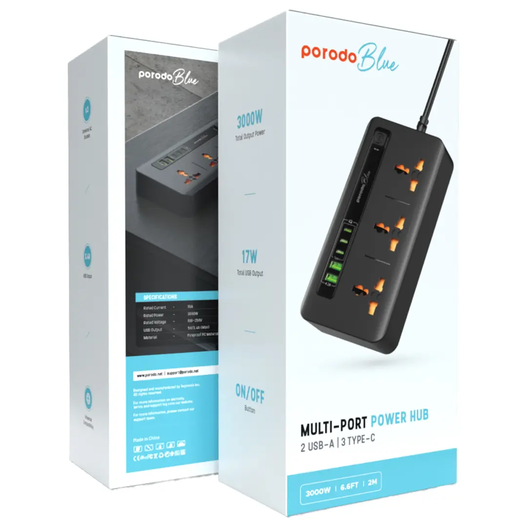 Porodo Blue 3 AC Power Socket With 2XUSB-A, 3XType-C 2M 3000W - Black.webp
