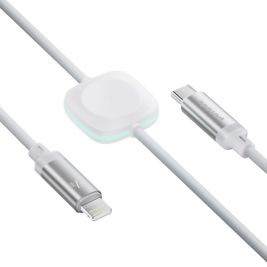 Porodo Cable & Charger 2 in 1 Cable With Wireless Watch Charger White [PD-2N1CLWC-WH]
