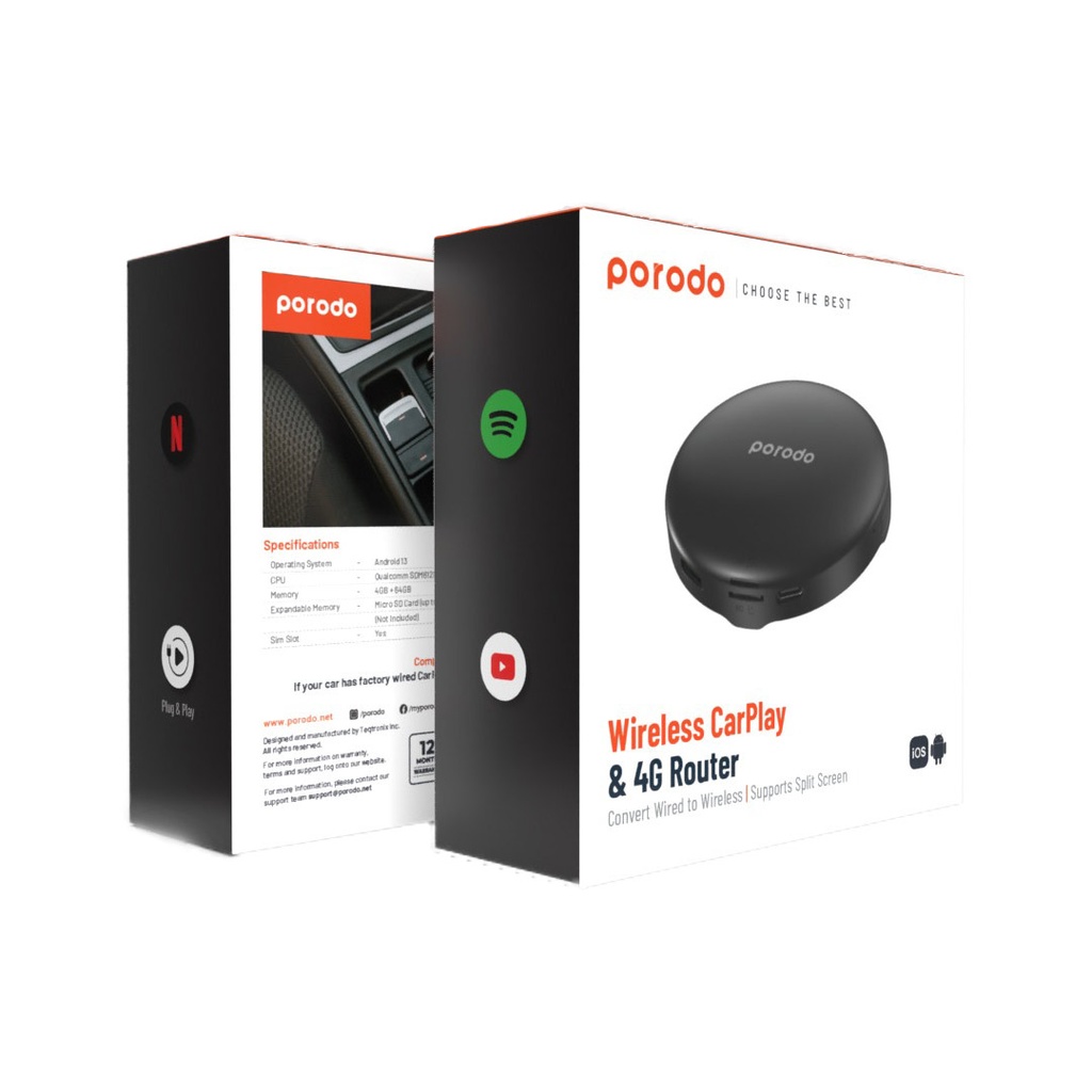 Porodo Carplay Wireless Carplay Compatible Black [PD-ACRPLY-BK]