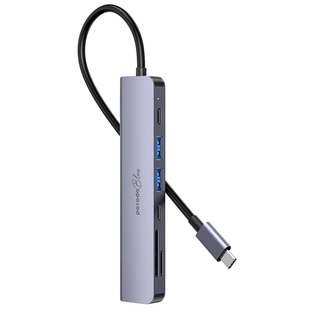 Porodo Wall Charger & Adapter Porodo Porodo Blue 7in1 Hub HDMI 2XUSB-A 2XUSB-C SD Micro SD Black [PB-71HBC-BK]