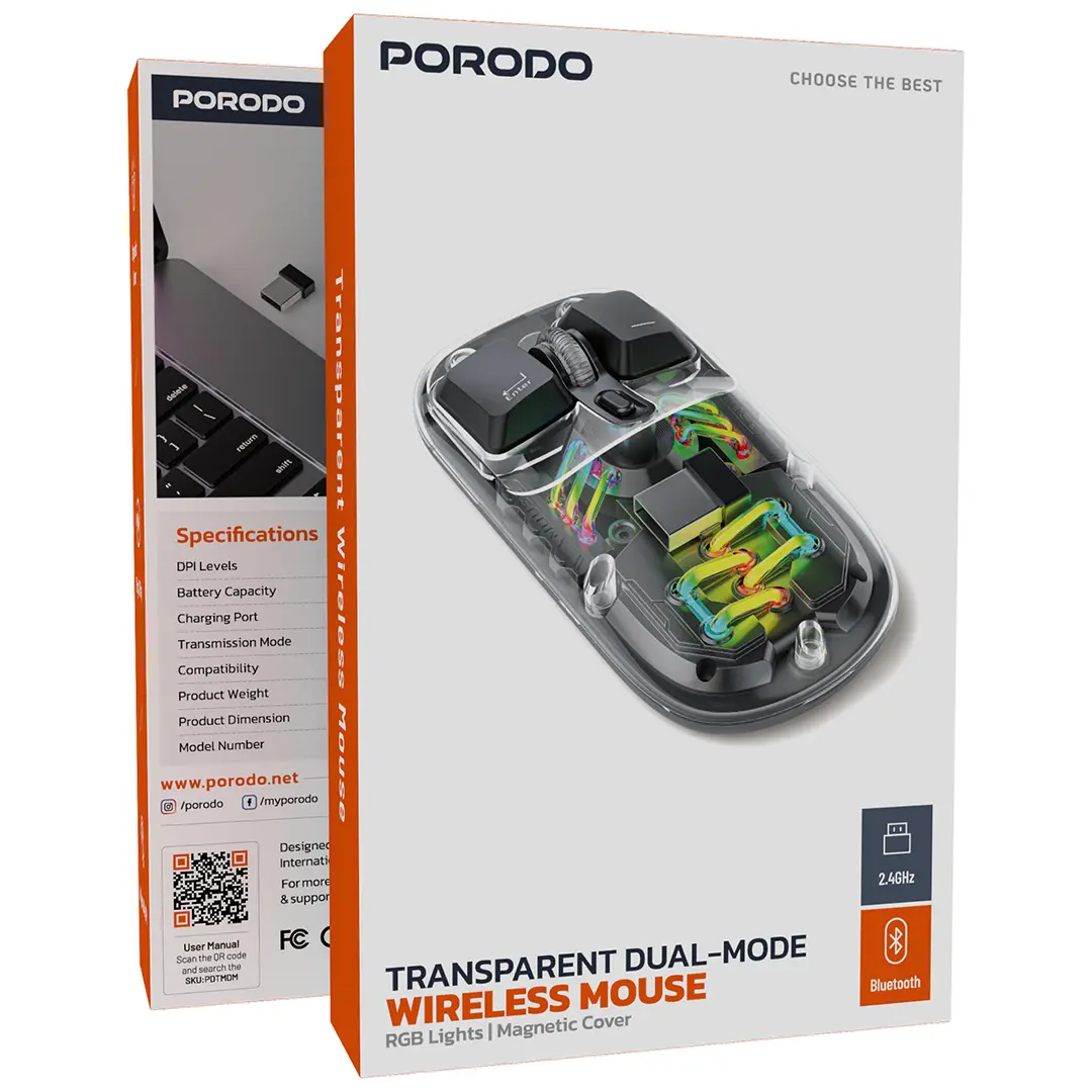 Porodo Transparent Mouse 2.4G and Bluetooth Dual Mode - Black.webp