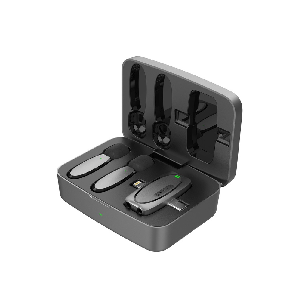 Porodo Dual Connector Lavalier Microphone Dual Mic with Charging Case- Black