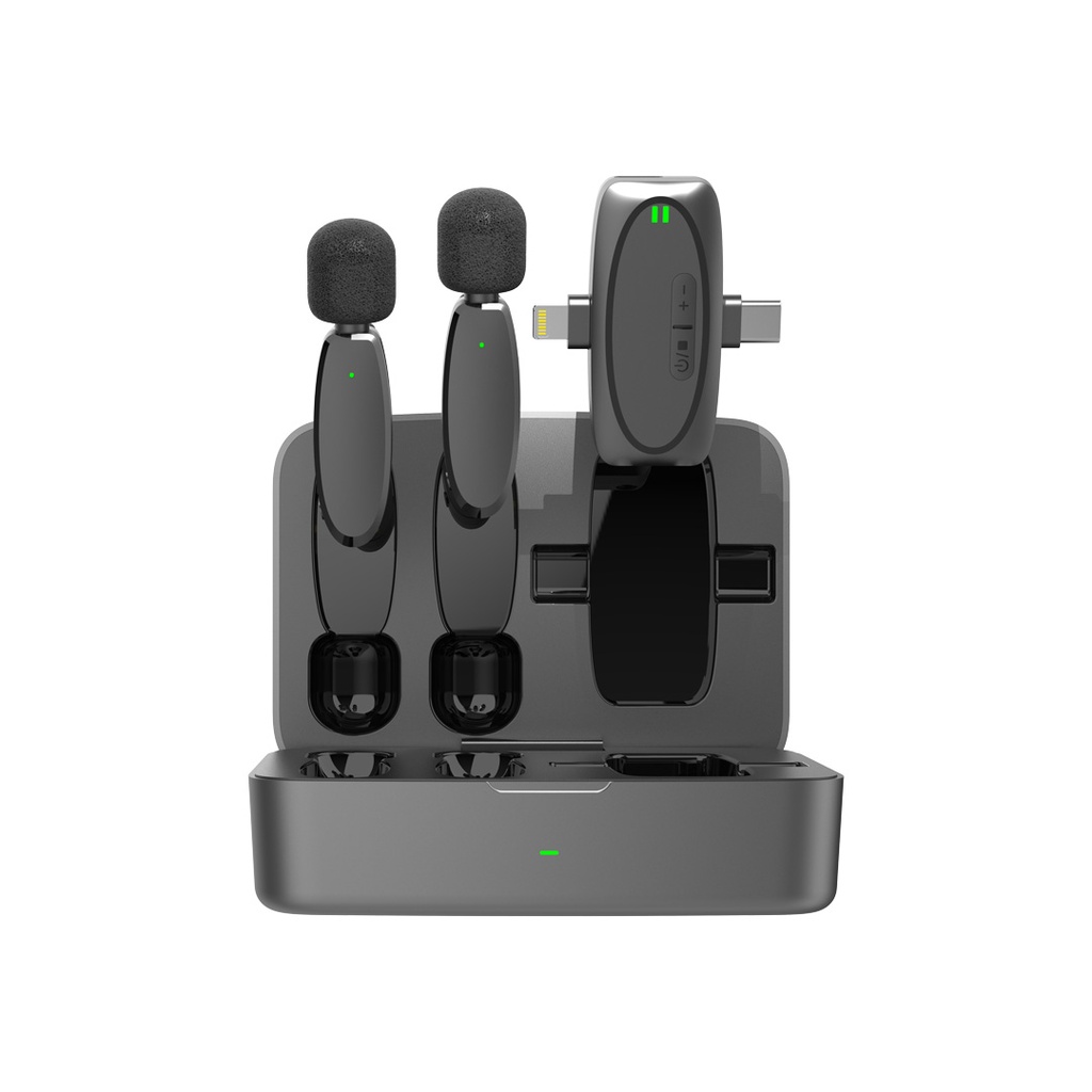 Porodo Dual Connector Lavalier Microphone Dual Mic with Charging Case- Black