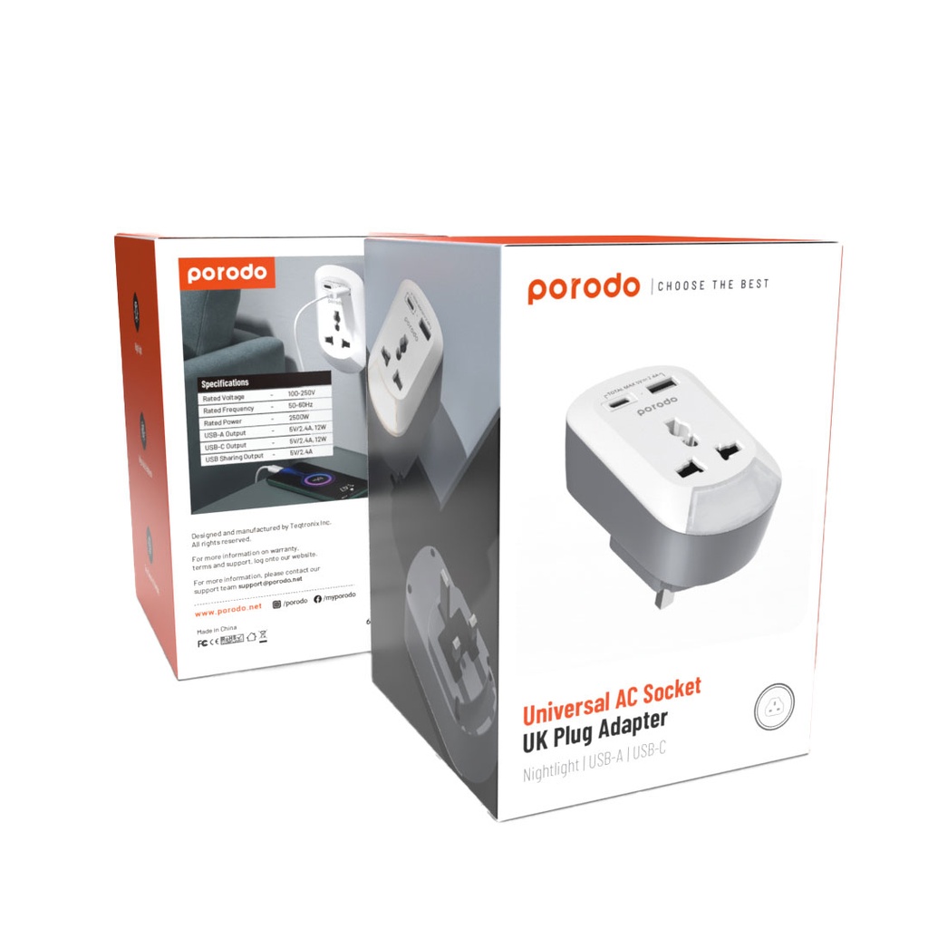 Porodo 3in1 Multi-type Socket with AC USB-A Type C UK - White	