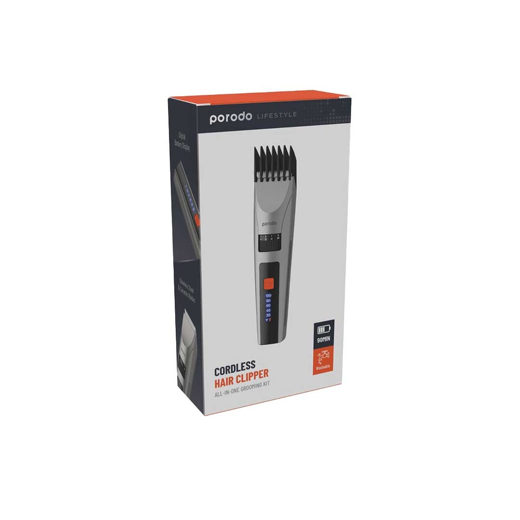 Porodo Self Care Life Style Rechargeable LED display Hair Clipper With Two Cutting Modes 1200mAh 120 minutes Charging Time Grey [PD-LSRDHC-GY]