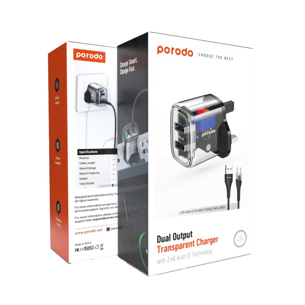 Porodo Dual Output Transparent Charger 2.4A UK with USB-A to USB-C Cable - Black