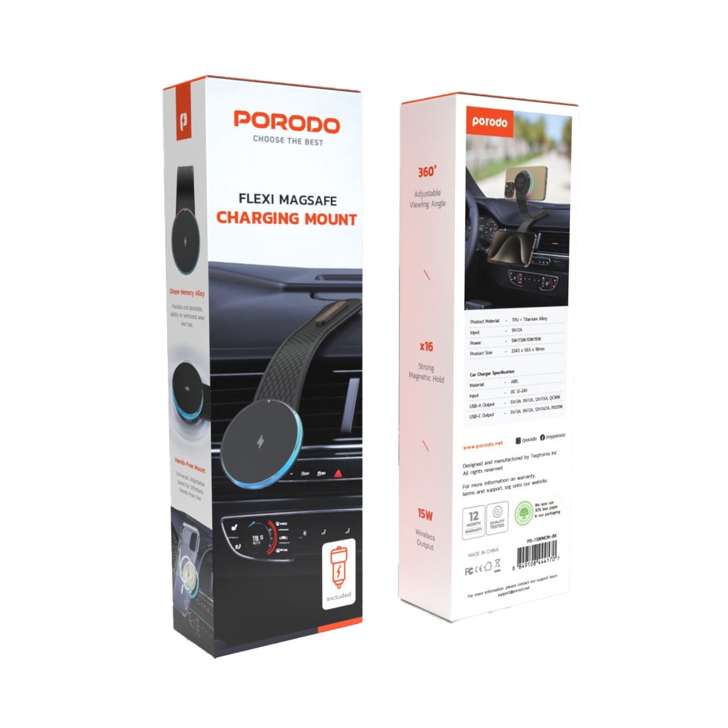 Porodo 15W Magnetic Wireless Car Mount with Dual Port Car Charger & C-C Cable 1M- Black	