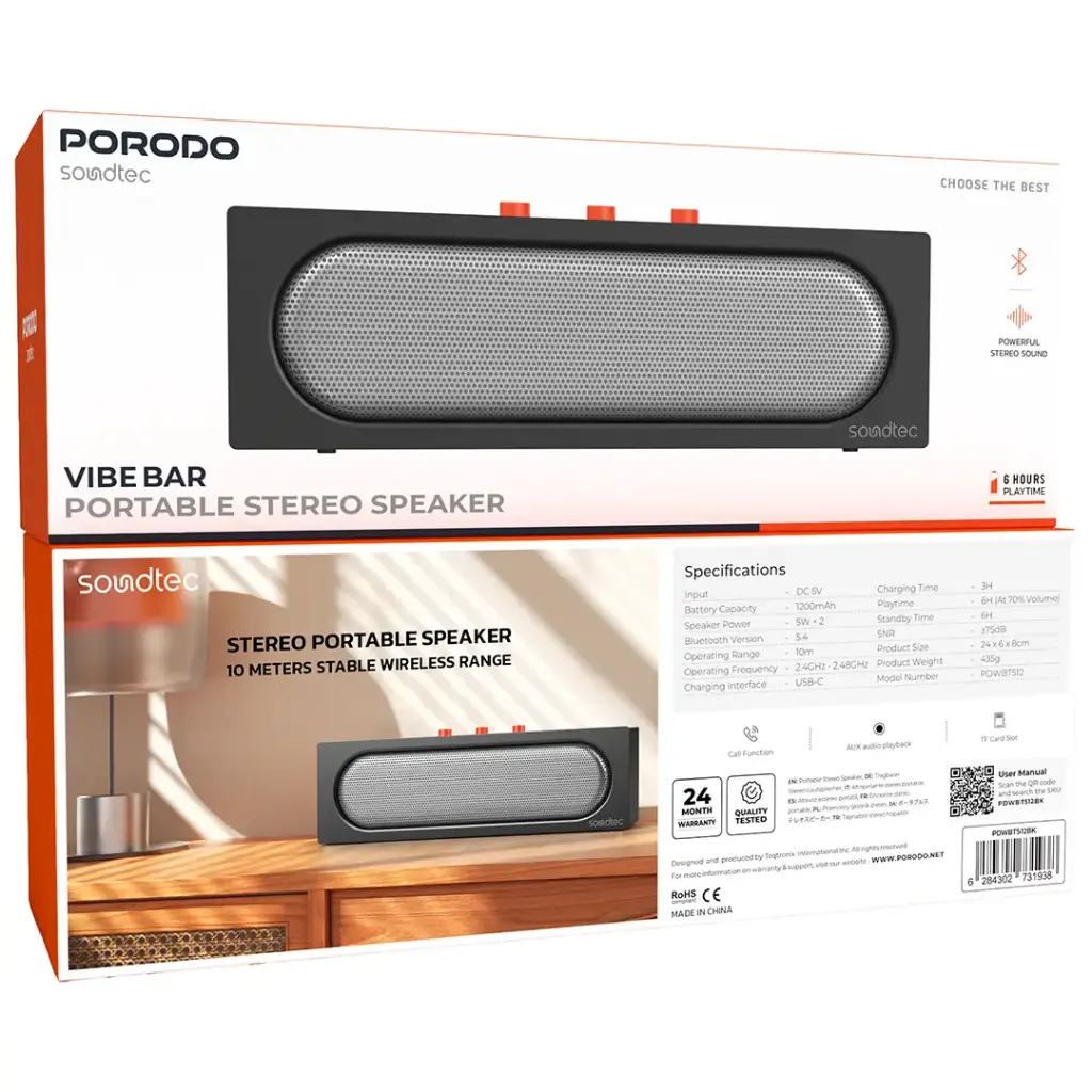 Porodo Soundtec Vibe Bar Portable Stereo Speaker - Black.webp