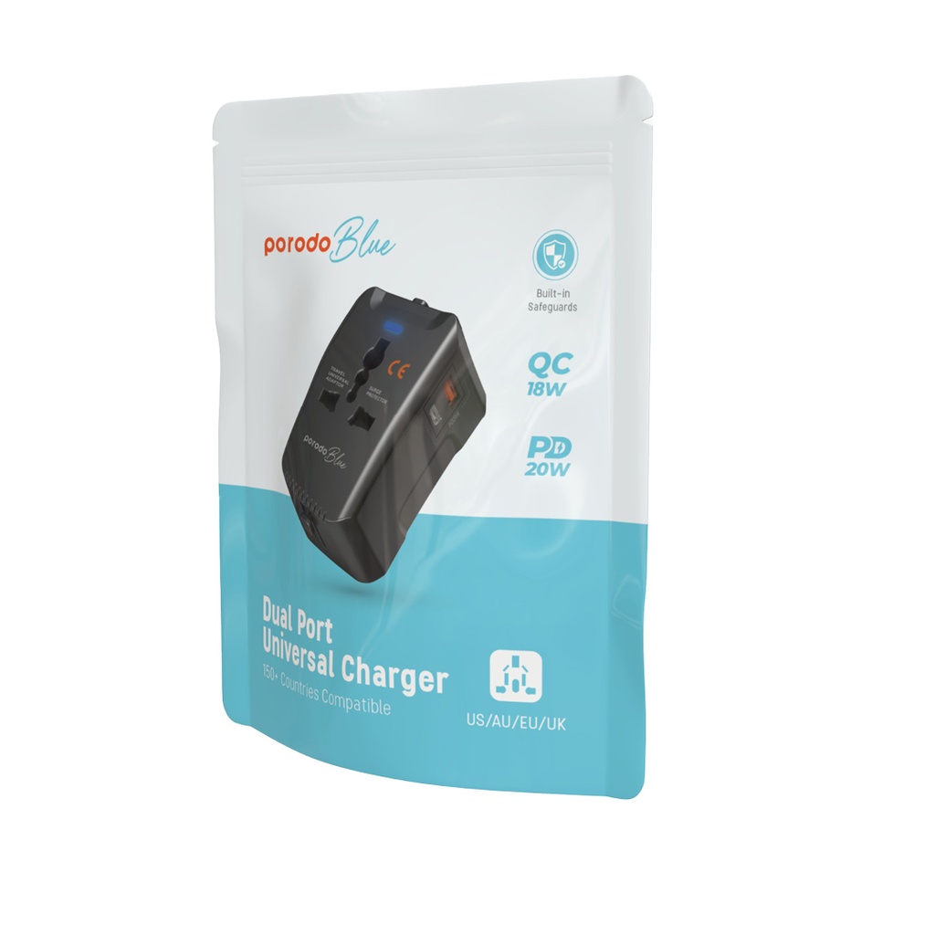 Porodo Blue Dual Port Universal Charger - Black