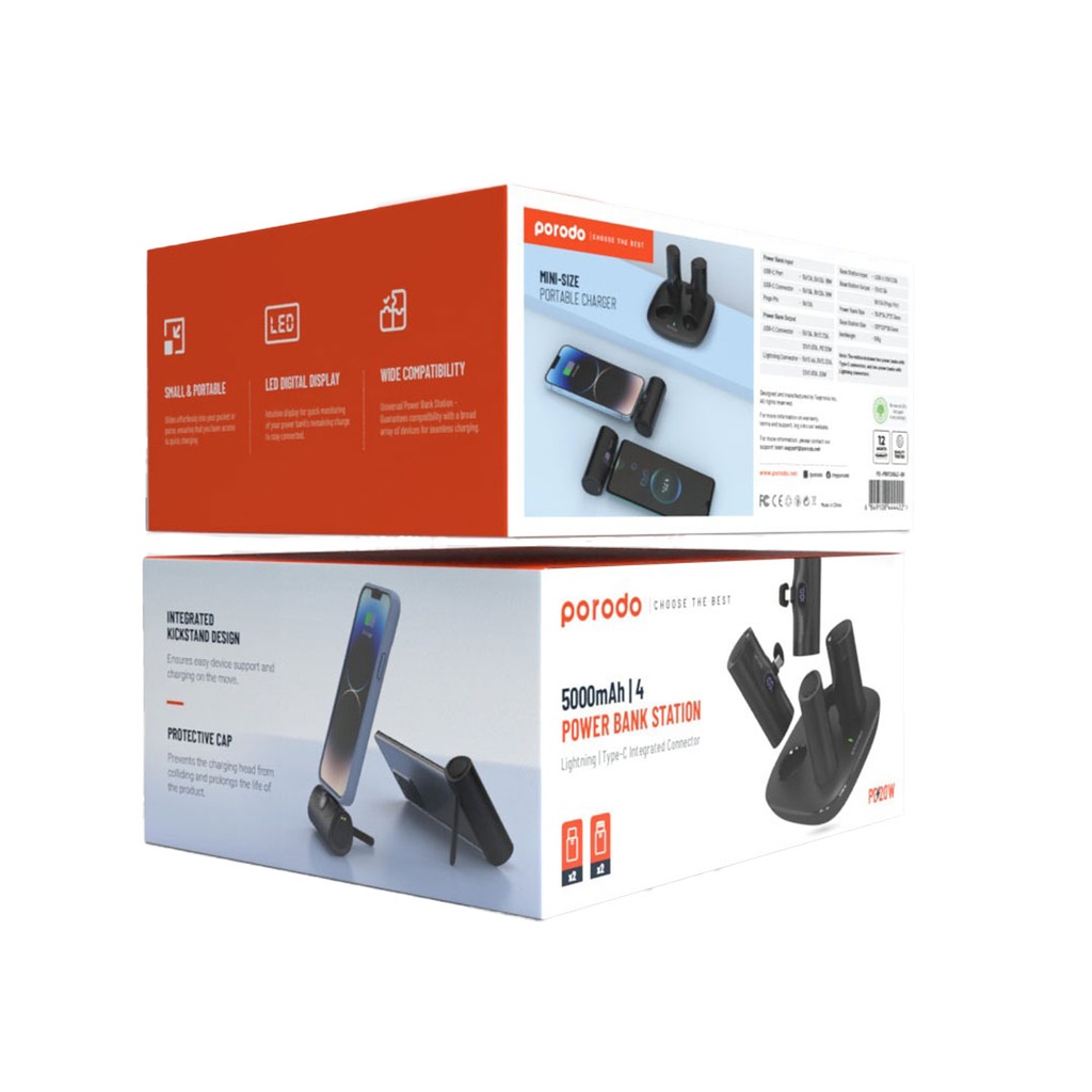 Porodo 4in1 Station 5000mAh PD20W Power Bank with 2 type-Connector and 2 LightingConnector - Black