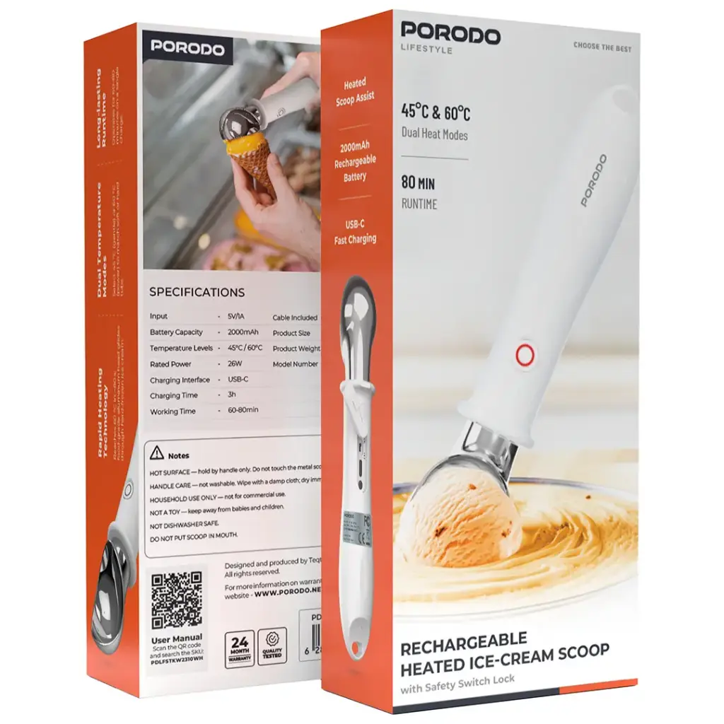 Porodo Lifestyle Rechargeable Heated Ice-Cream Scoop with Safety Switch Lock - White2.webp