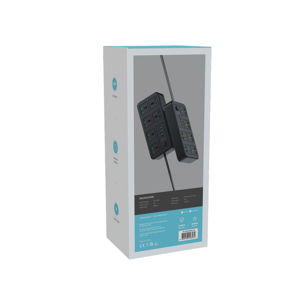 Porodo Blue 6 Universal Sockets Power Strip 3M
