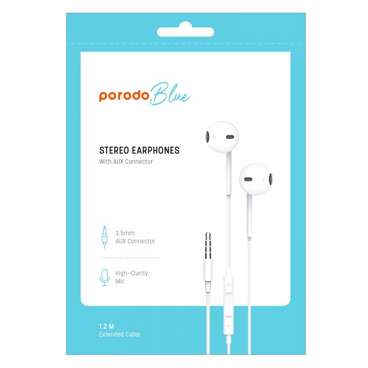 Porodo Blue Stereo Earphones with Aux Connector 3.5mm - White