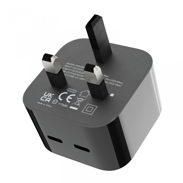 Porodo Super-Fast Dual USB-C Wall Charger PD 35W UK with Braided Type-C to Lightning Cable 1.2m - Black