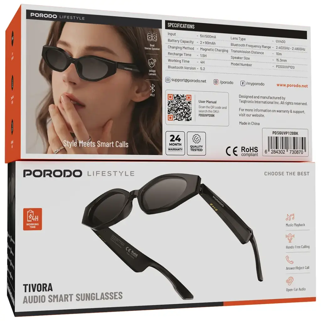 Porodo Lifestyle Tivora Audio Smart Sunglasses - Black.webp
