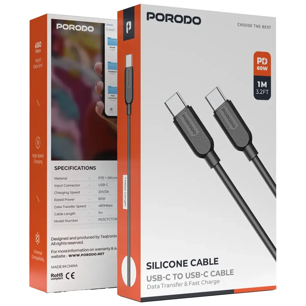 Porodo Silicone USB-C to USB-C Cable - Black3.webp