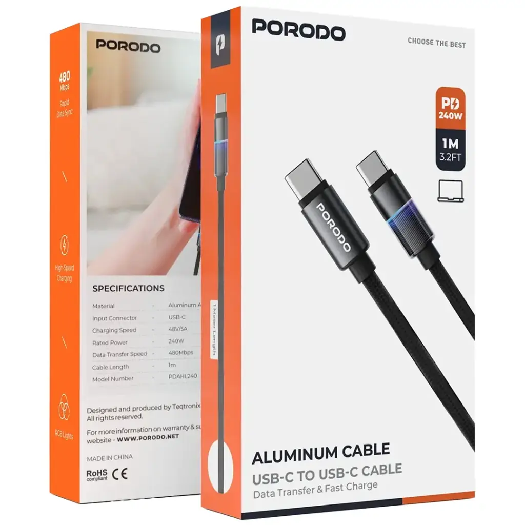 Porodo Aluminum USB-C to USB-C Cable - Black2.webp
