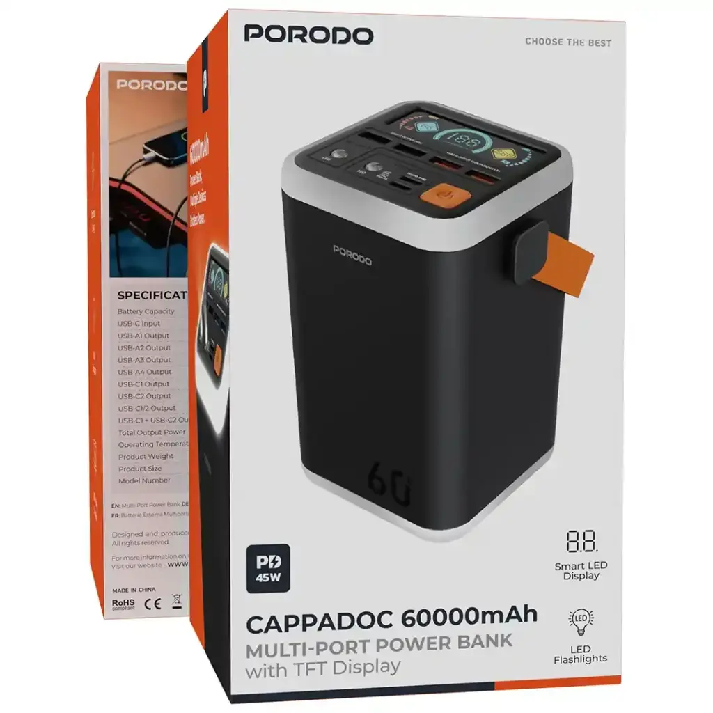 Porodo Cappadoc 60000mAh Multi-Port Power Bank with TFT Display - Black.webp