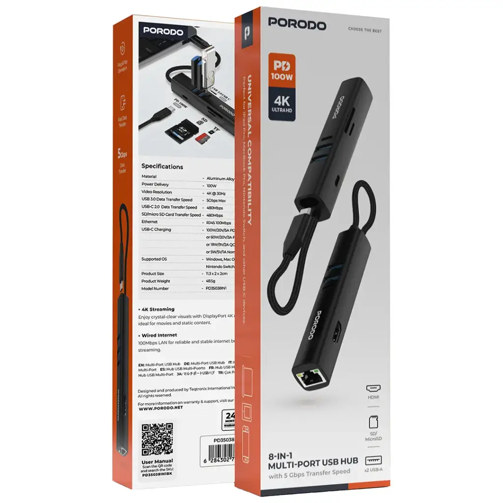 Porodo 8-In-1 Multi-Port USB Hub With 5Gbps Transfer Speed - Black.webp