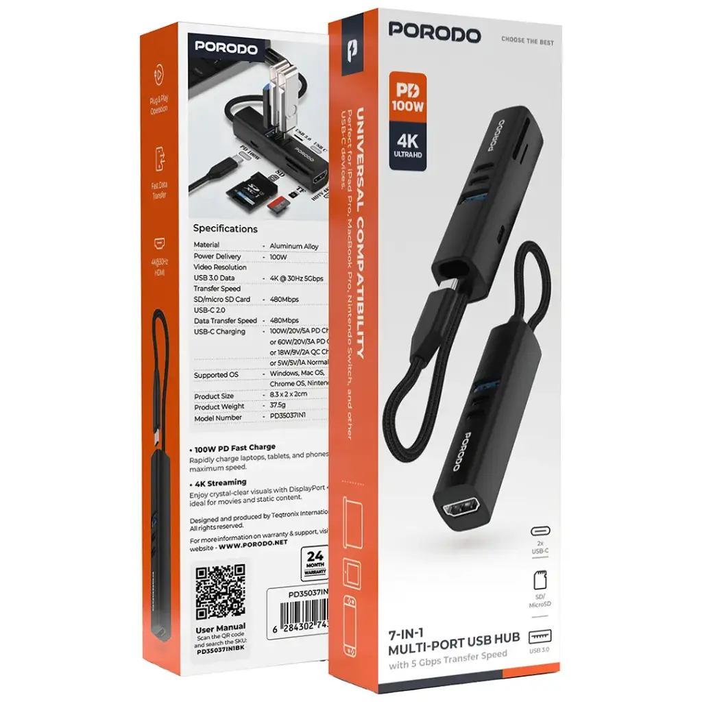 Porodo 7-In-1 Multi-Port USB Hub with 5Gbps Transfer Speed - Black.webp