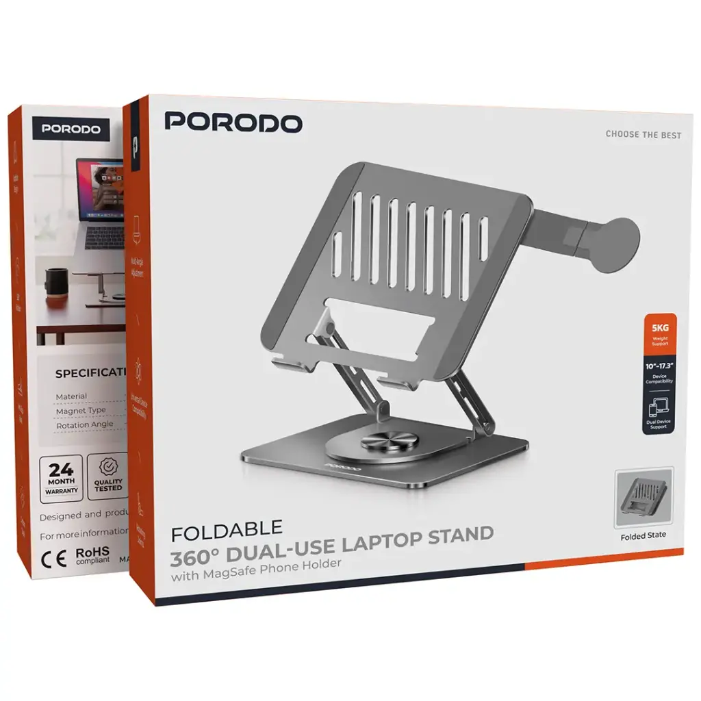 Porodo Foldable 360° Dual-Use Laptop Stand with MagSafe Phone Holder - Gray.webp