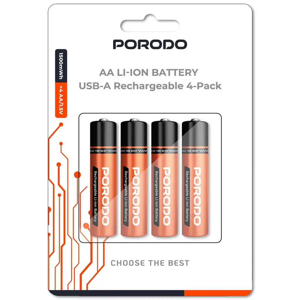 Porodo AA Li-Ion Battery USB-A Rechargeable 4-Pack - Orange2.webp