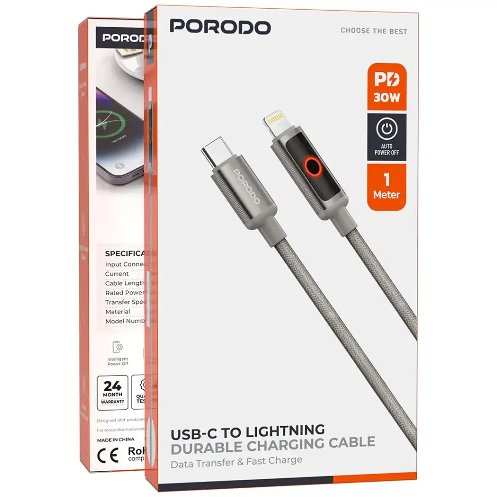 Porodo ChargeLite USB-C to Lightning High-Speed Charging Cable - Gray.webp
