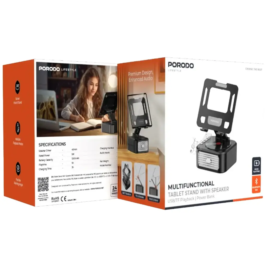 Porodo Lifestyle Multifunctional Tablet Stand with Speaker & Power Bank - Black3.webp