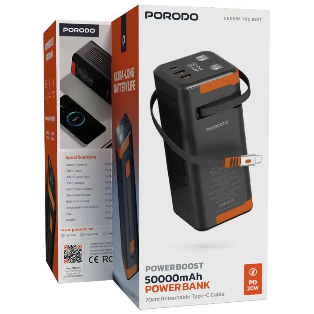 Porodo Power Boost 50000mAh Power Bank with Retractable Type-C Cable - Black2.webp
