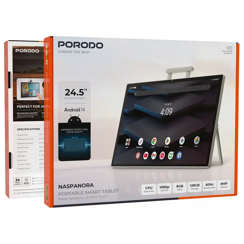 Porodo Naspanora Portable smart Tablet with Stereo Speakers & 10-Point Touch - White.webp