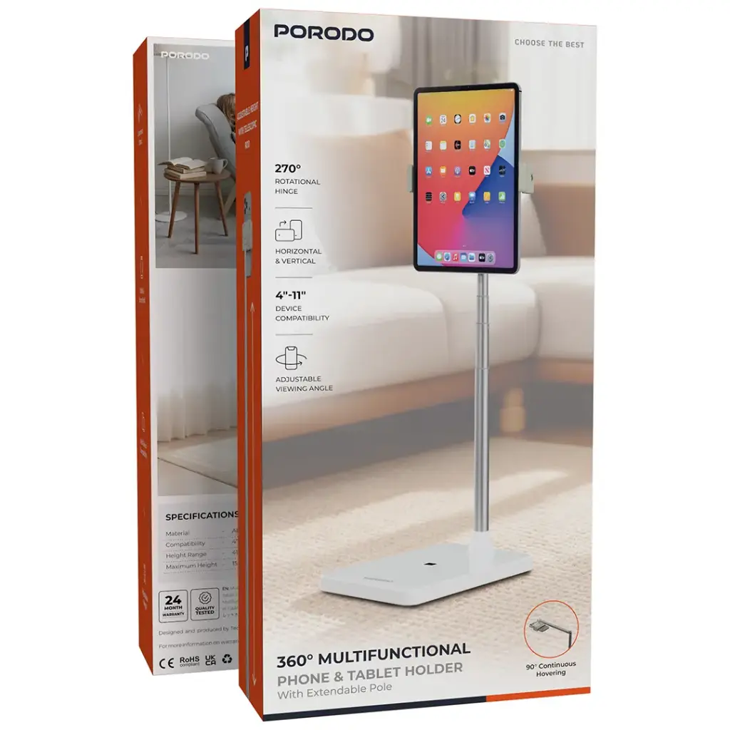 Porodo 360° Multifunctional Phone & Tablet Holder with Extebdable Pole - White6.webp