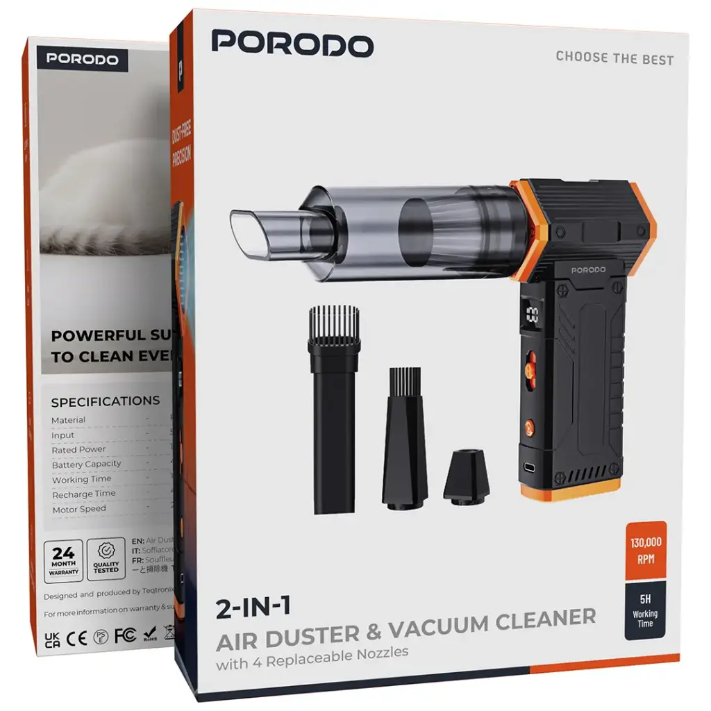 Porodo 2-In-1 Air Duster & Vacuum Cleaner with 4 Replaceable Nozzles - Black.webp
