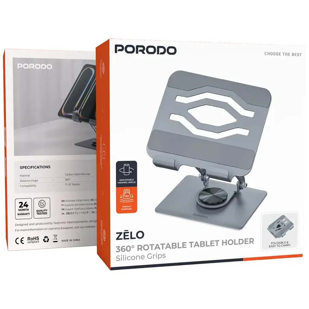Porodo Zelo 360° Rotatable Tablet Holder with Silicone Grips - Gray.webp