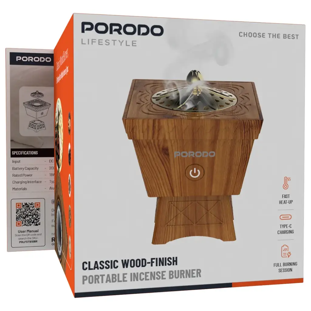 Porodo Lifestyle Classic Wood-Finish Portable Incense Burner - Brown.webp