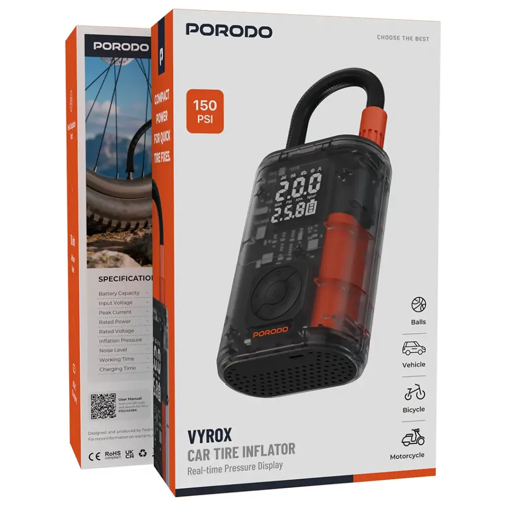 Porodo Vyrox Car Tire Inflator with Real-Time Pressure Display - Black2.webp